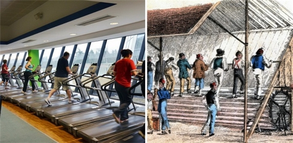 
Máy chạy bộ treadmill: Vào năm 1818, một kỹ sư xây dựng người Anh có tên là William Cubitt đã phát minh ra một cỗ máy vận dụng sức lực của các tù nhân để xay lúa bằng cách cho họ vịn vào một tay cầm nằm ngang và bước đi trên những bậc thang cuộn tròn. Và đó chính là phiên bản nguyên mẫu của chiếc máy chạy bộ mà chúng ta vẫn thường thấy ngày nay.