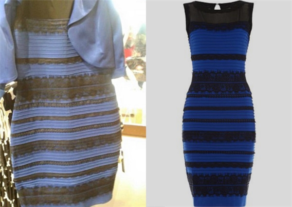 Ảnh chụp chiếc váy khiến hàng chục triệu người tranh cãi (trái). Ảnh cho thấy màu sắc thật của sản phẩm do hãng sản xuất Roman Originals (Anh) cung cấp. Ảnh: Caitlin McNeill, PA. 
