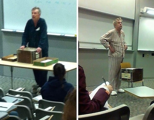 
Để phản đối việc kì thi tốt nghiệp bắt đầu lúc 7h sáng, thầy đã mặc đồ ngủ đến lớp thế này.