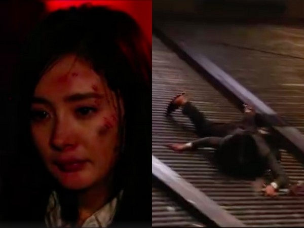 
Tạo hình của Dương Mịch (trái) trong cảnh quay trượt xuống liên tục trên dốc kim loại của khu đổ rác. Các vết thương trên mặt là hóa trang nhưng toàn thân của cô nàng có rất nhiều vết xước xát.