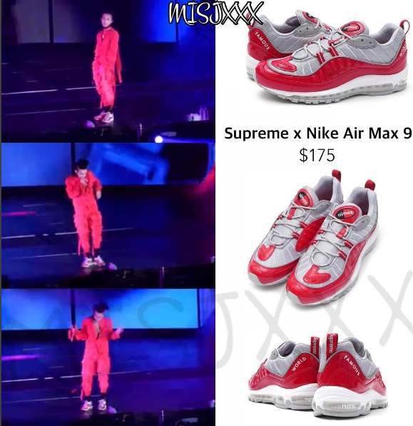 
 Đôi giày nổi bật được nam ca sĩ mang lên sân khấu này thuộc hãng thời trang giày nổi tiếng Nike và nó có giá khá "bình dân" so với G-Dragon khi chỉ khoảng gần 4 triệu VNĐ.
