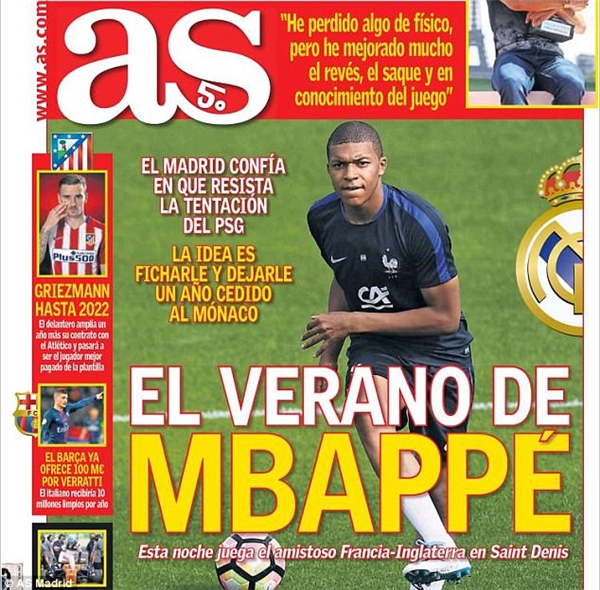 
Tờ AS đưa tin rằng Real Madrid sẽ giành được chữ ký của ngôi sao trẻ người Pháp.