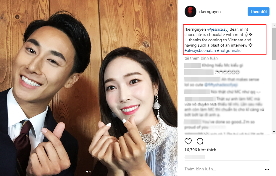 
Rocker Nguyễn đăng tải hình ảnh chụp cùng Jessica sau khi kết thúc buổi phỏng vấn, thậm chí cả hai còn "bắn tim" và cười rất đáng yêu.