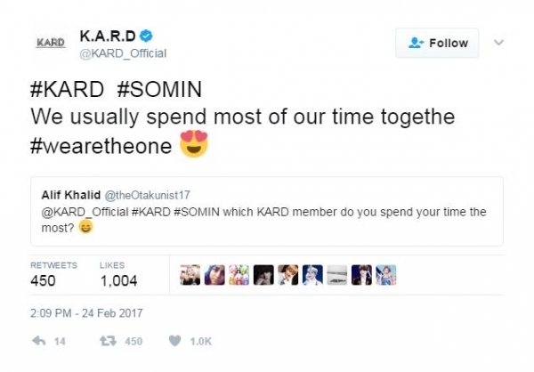 
Một fan hỏi: "Cậu dành nhiều thời gian cho thành viên K.A.R.D nào nhất thế?". Và cô nàng Somin chẳng ngần ngại trả lời: "Bọn tớ thường dành hầu hết thời gian ở cùng với nhau đấy".