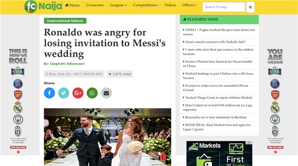 
"Ronaldo giận dữ vì thất lạc thiệp mời dự tiệc cưới Messi" dòng tít được đăng trên trang thông tin từ Nigeria.