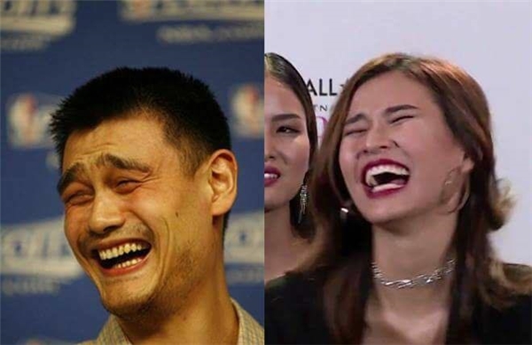 
Nụ cười không thấy tổ quốc của Thiên Trang được netizen ghép ảnh kế bên vua siêu ảnh chế Yao Ming cực hài hước.