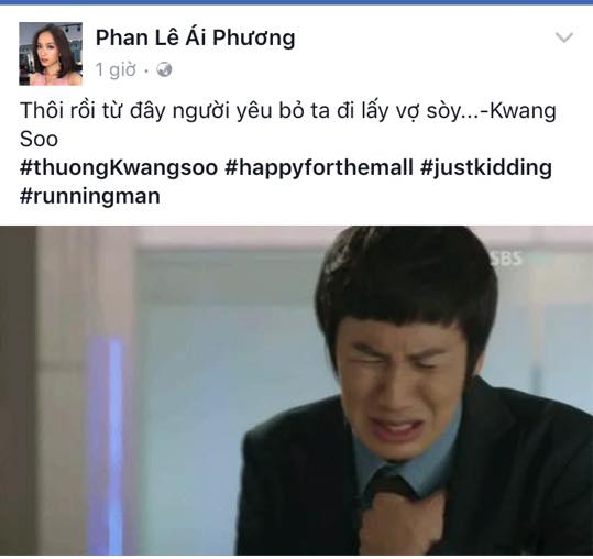 
Ái Phương lại hài hước hơn khi chia sẻ ảnh Kwang Soo để "ám chỉ" đám cưới của Song - Song. - Tin sao Viet - Tin tuc sao Viet - Scandal sao Viet - Tin tuc cua Sao - Tin cua Sao