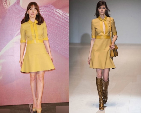 
Song Hye Kyo nổi bật với chiếc đầm vàng của thương hiệu Gucci khi tham dự sự kiện.