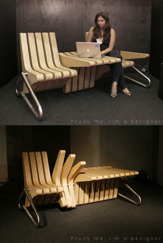 
Đây là một băng ghế đặc biệt, có thể thay hình đổi dạng tùy theo nhu cầu sử dụng.