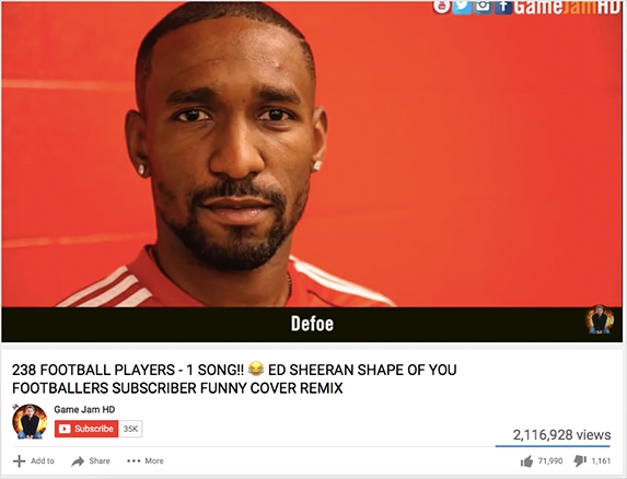 
Shape of you phiên bản tên cầu thủ thu hút được hơn 2 triệu lượt views trên youtube.
