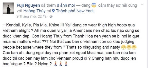 
Status của stylist Fuji Nguyễn.