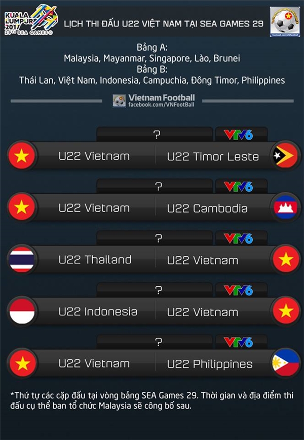 
Lịch thi đấu của U22 Việt Nam tại SEA Games 29 (Hình: VNF)