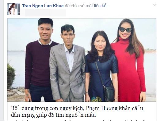 
Lan Khuê đã chia sẻ bài báo về tình trạng của bố Phạm Hương trên trang cá nhân.  - Tin sao Viet - Tin tuc sao Viet - Scandal sao Viet - Tin tuc cua Sao - Tin cua Sao