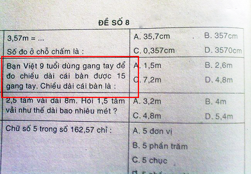 
Gặp đề thi này chắc các em phải đi tìm một người bạn tên Việt nào đó để đo chiều dài gang tay của bạn rồi mới có thể tiếp tục giải bài toán này.
