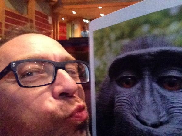 
Jimmy Wales "tự sướng" bên cạnh bản in khổ lớn của bức ảnh "chú khỉ tự sướng".
