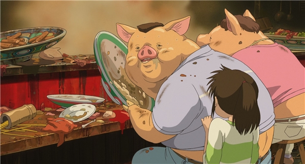 
Vì ham ăn, cha mẹ của Chihiro bị biến thành heo và cả nhà bị kẹt lại thế giới linh hồn