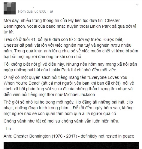 Chester Bennington qua đời: Có thật người trẻ chỉ biết 
