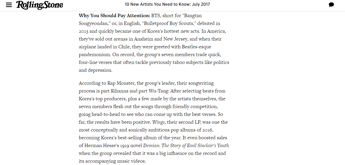 
Một phần bài báo của Rolling Stone đề cập về BTS.