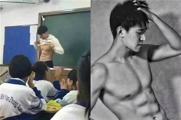 
Màn khoe cơ bụng giữa lớp giúp thầy giáo nổi tiếng. Ảnh: Weibo