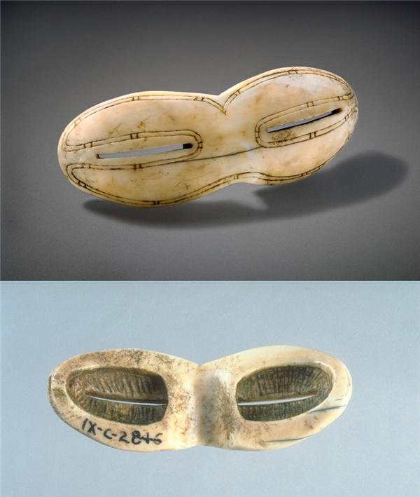 
Cặp kính mắt cổ nhất (năm 1200-1600): Cặp kính này được khắc từ chiếc ngà của một con moóc, có tác dụng che chắn cho mắt khỏi bị chói do ánh nắng mặt trời chiếu lên tuyết. Nó được người Eskimo mang từ Alaska vào Canada trong quá trình di cư.