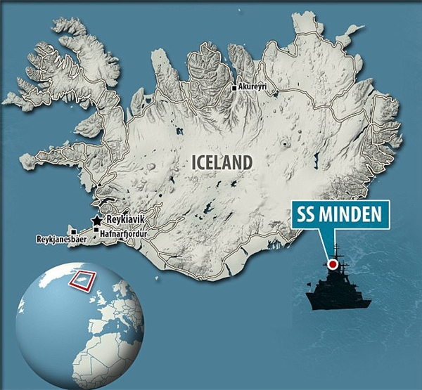 
Vị trí tìm tháy con tàu đắm SS Minden gần bờ biển Iceland ngày nay