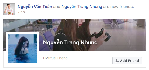 
Thông báo của Facebook về việc Văn Toàn kết bạn với cô gái có tên Nguyễn Trang Nhung.