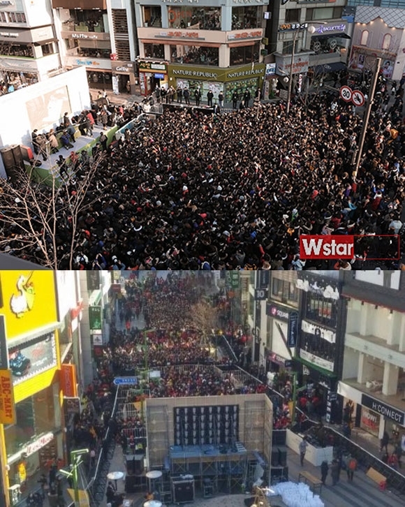 
Sự đông đảo của EXO-L chen lấn kín cả một dãy phố để tham gia sự kiện và nhìn thấy thần tượng.