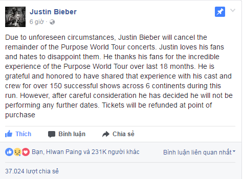 
Thông báo hủy tour diễn của Justin Bieber.