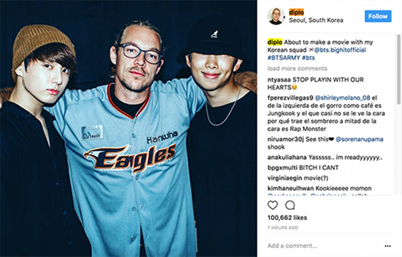
Diplo đăng tải bức ảnh chụp cùng 2 thành viên của BTS là Rap Monster và Jungkook.
