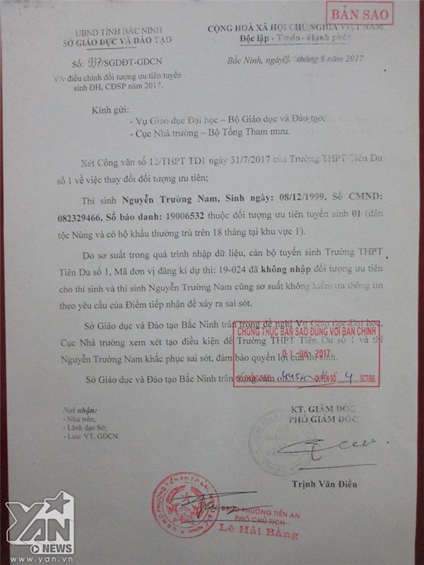 
Văn bản của Sở GD-ĐT tỉnh Bắc Ninh gửi lên Bộ GD-ĐT về trường hợp của em Nam.