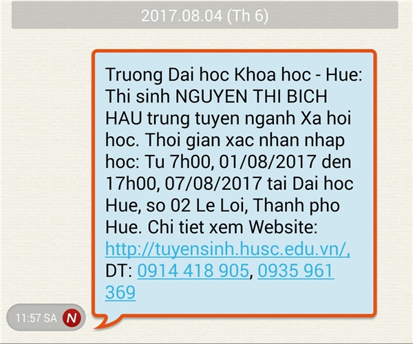 
Tin báo trúng tuyển của Nguyễn Thị Bích Hậu.