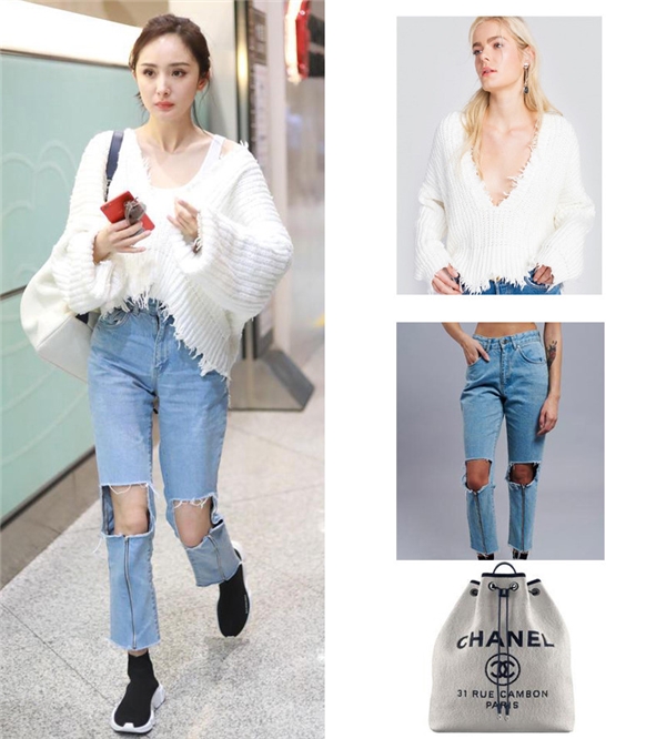 
Để có được vẻ ngoài bụi bặm này Dương Mịch cũng khá tốn kém. Cô chọn áo của Wildfox 3,8 triệu đồng diện với quần jeans rách gối của Balenciaga 25 triệu đồng. Chanel tiếp tục được cô lựa chọn với mức giá 63 triệu.​