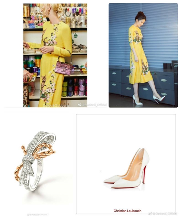 
Trong buổi họp báo ra mắt phim Tam sinh tam thế thập lý đào hoa, Lưu Diệc Phi đã diện "cây" đồ hiệu gồm: Váy màu vàng rực rỡ của Dolce & Gabbana, nhẫn kim cương tinh tế của Chaumet và giày cao gót màu trắng đến từ thương hiệu Christian Louboutin.