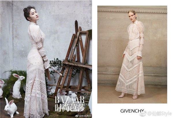 
Lưu Diệc Phi mặc váy trắng cổ điển của Givenchy trên bìa tạp chí Bazaar.
