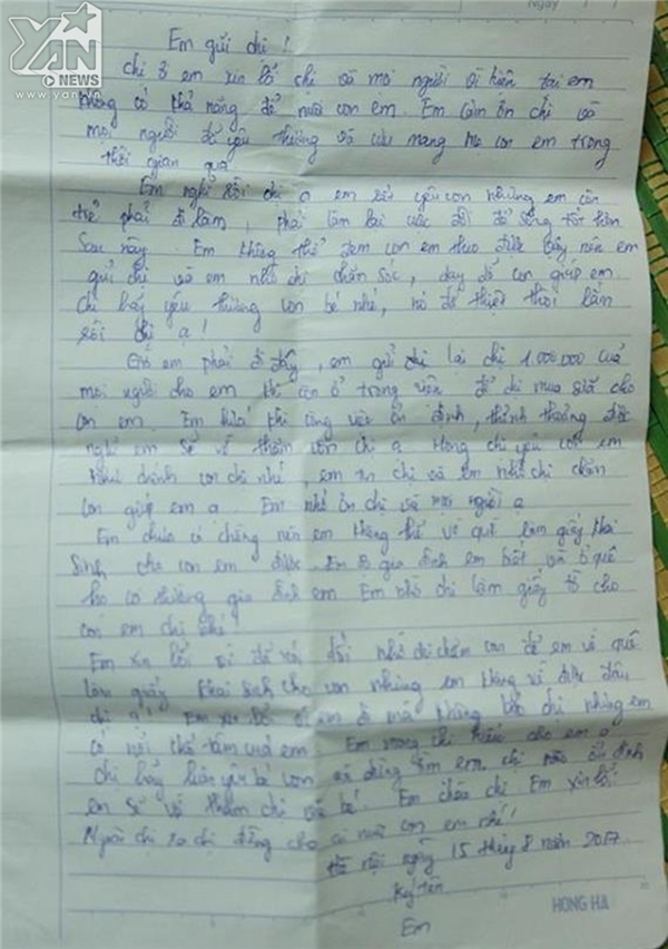 
Bức thư của người mẹ để lại ở phòng trọ nhờ người nuôi con.