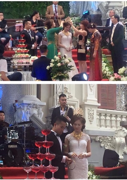 
Cuối năm 2016, đám cưới khủng của con trai đại gia Nam Định tại lâu đài L.K.K đã khiến nhiều người "choáng váng" khi cô dâu được mẹ chồng tặng vương miện lên đến 100 cây vàng với 2 viên ruby trị giá 2 tỷ 