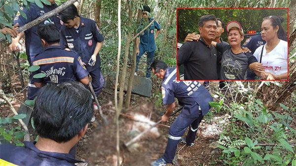 
Cảnh sát Thái Lan đang tiến hành đào bới đất để tìm tro cốt của nạn nhân.
