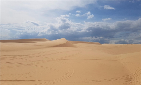 
Được ví như tiểu sa mạc Sahara, đồi cát Bàu Trắng là điểm du lịch độc đáo không thể bỏ qua ở Bình Thuận. Nơi đây còn có tên là đồi cát bay bởi hình dáng thay đổi liên tục theo từng ngày từng giờ. Những đụn cát chập chùng trải dài mênh mông, ngút ngàn, sẽ khiến du khách bị choáng ngợp trước thiên nhiên kỳ diệu. Ảnh: Thành Em.