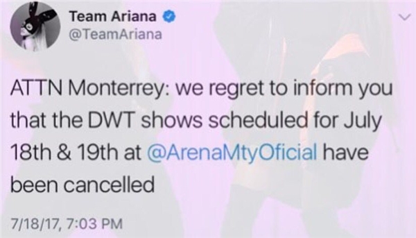 
Thông báo hủy show ở Mexico cực kỳ ngắn gọn được gửi bởi "team Ariana", không phải Ariana.