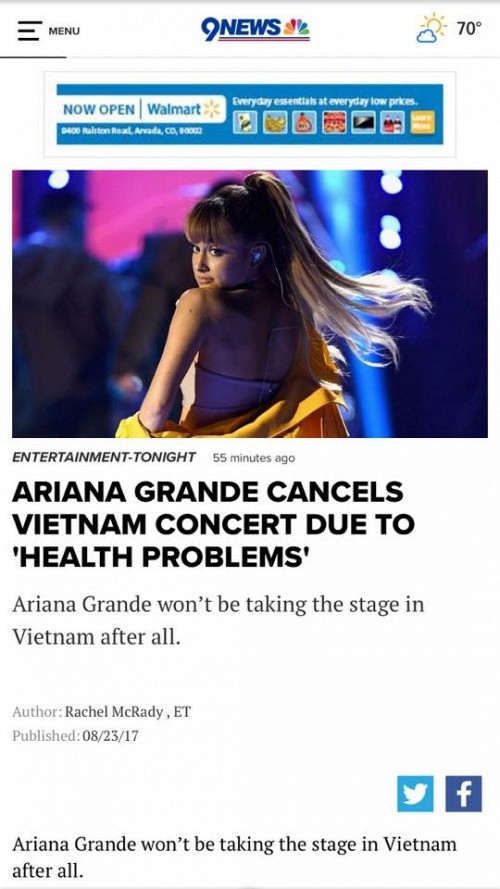 
Hàng loạt trang tin giải trí lớn quốc tế đã đăng tải thông tin Ariana Grande hủy show tại Việt Nam.
