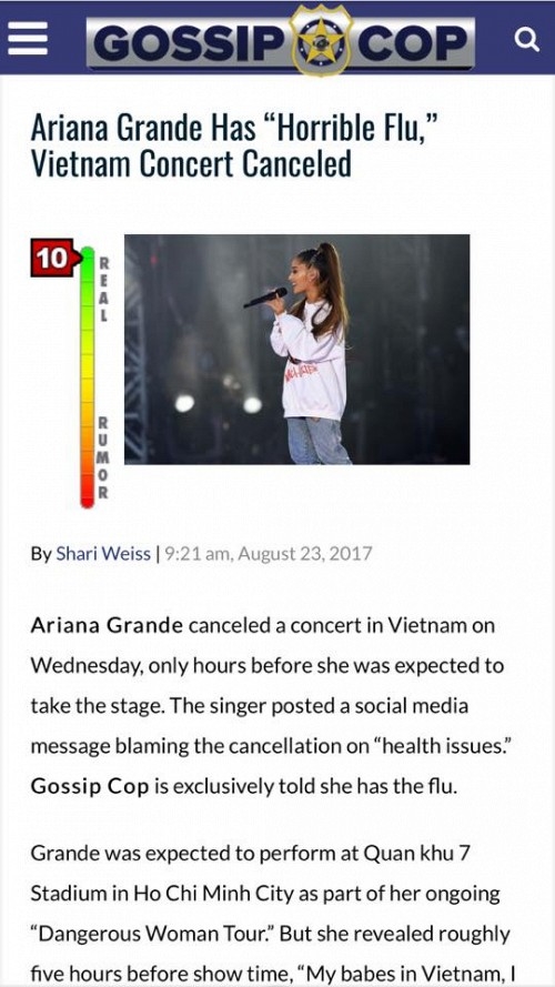 
Trang Gossip Cop đưa tin độc quyền về lí do Ariana Grande hủy show tại Việt Nam vào phút chót.
