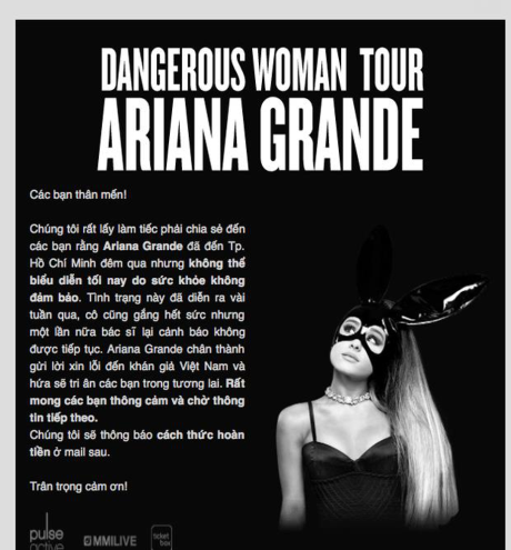 HOT: Ban tổ chức show diễn Ariana Grande sẽ hoàn tiền vé cho khán giả - Tin sao Viet - Tin tuc sao Viet - Scandal sao Viet - Tin tuc cua Sao - Tin cua Sao