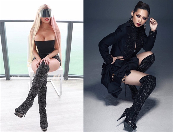 
Nicki Minaj và Quỳnh Thy từng cùng mang đôi bốt giống hệt nhau.