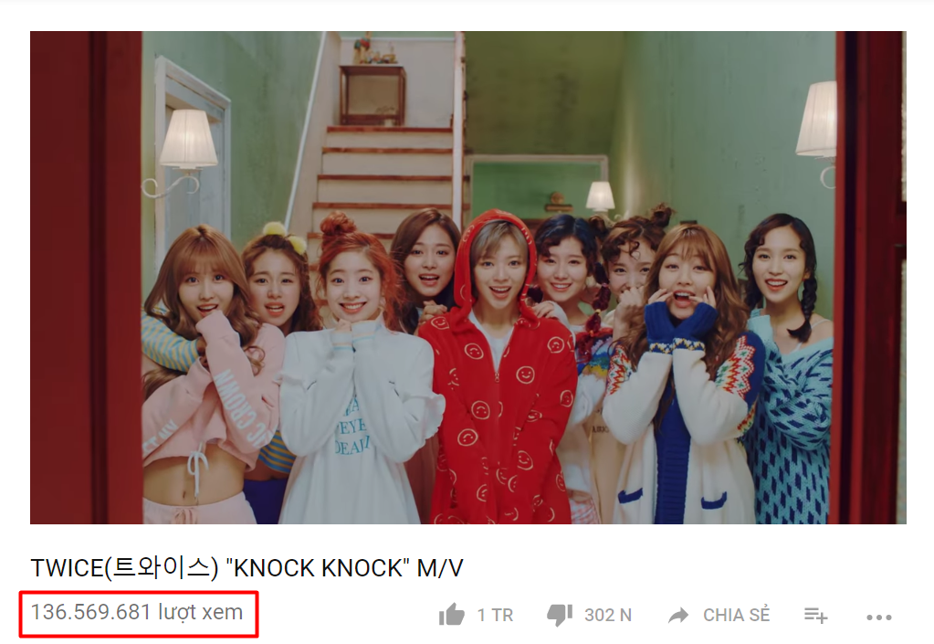 
Dù chỉ mới phát hành vào tháng 2 năm nay nhưng MV cho ca khúc Knock Knock của TWICE đã nhanh chóng thu về hơn 136 triệu lượt xem.