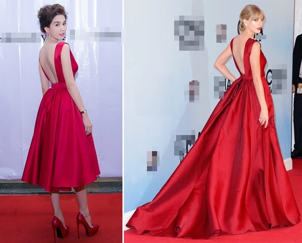 
Phần lưng sau của bộ váy mà Ngọc Trinh diện cũng sử dụng đường cắt vuông vức gần giống với váy của Taylor Swift. Mặc dù diện váy may lại nhưng Ngọc Trinh vẫn được khen ngợi hết lời bởi vẻ ngoài sang trọng, quý phái.
