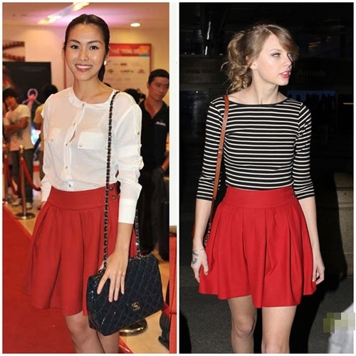 
Chân váy đỏ đơn giản được cả Tăng Thanh Hà lẫn Taylor Swift kết hợp nhằm mang đến vẻ nữ tính, thanh lịch.