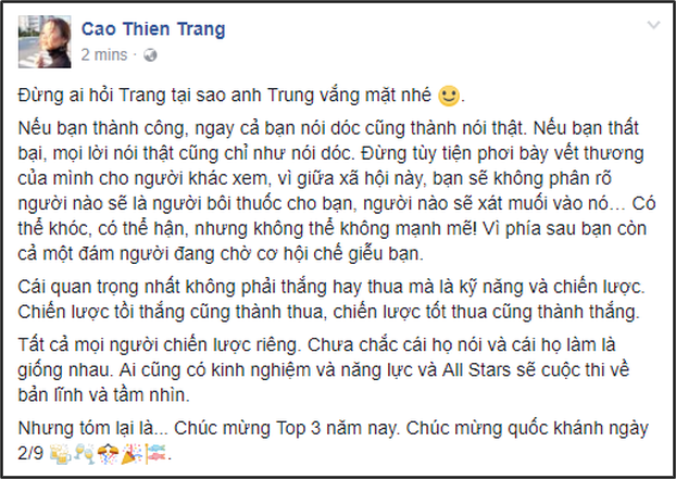 
Ngay cả Cao Thiên Trang cũng đăng dòng trạng thái ẩn ý nói về sự vắng mặt của giám khảo Nam Trung.