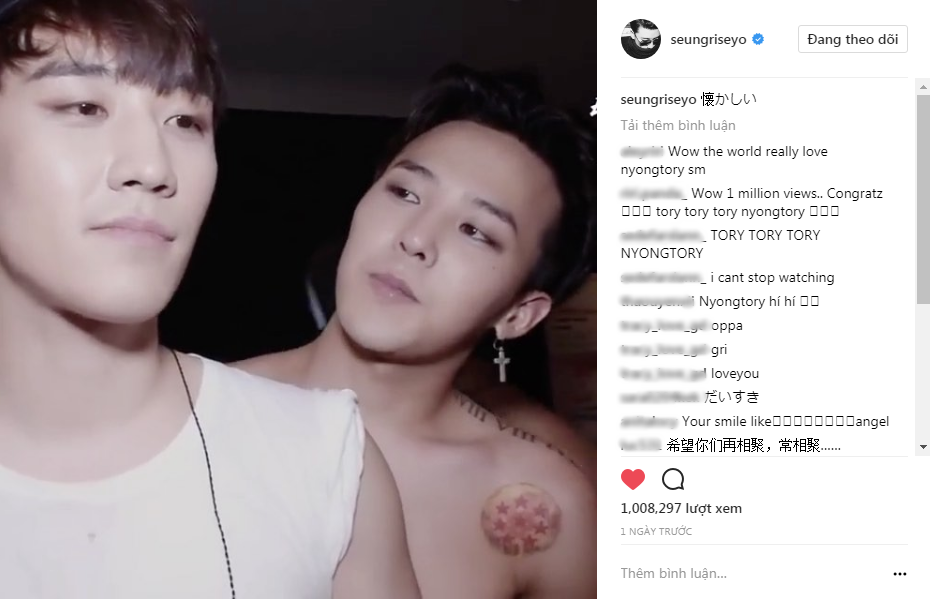 
Seungri đăng tải đoạn clip anh cùng với G-Dragon đang trả lời phỏng vấn với caption: “Tôi rất nhớ điều đó” lên Instagram cá nhân khiến các fan “nhốn nháo” và nhanh chóng thu hút được hơn 1 triệu lượt xem.