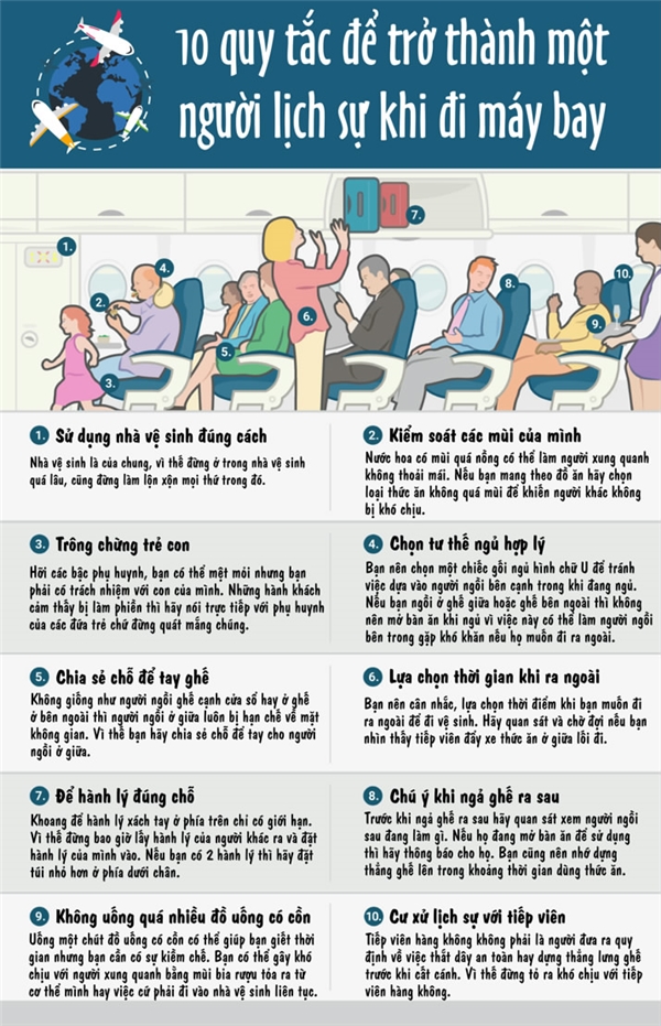 10 quy tắc để không trở thành kẻ bất lịch sự khi đi máy bay