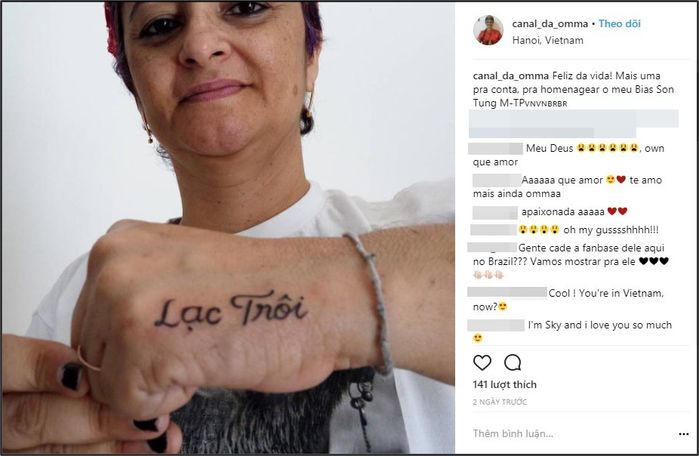 
Fan nữ lớn tuổi tại Brazil khoe bức ảnh hình xăm tên hit Lạc trôi của Sơn Tùng M-TP trên trang cá nhân Instagram. - Tin sao Viet - Tin tuc sao Viet - Scandal sao Viet - Tin tuc cua Sao - Tin cua Sao